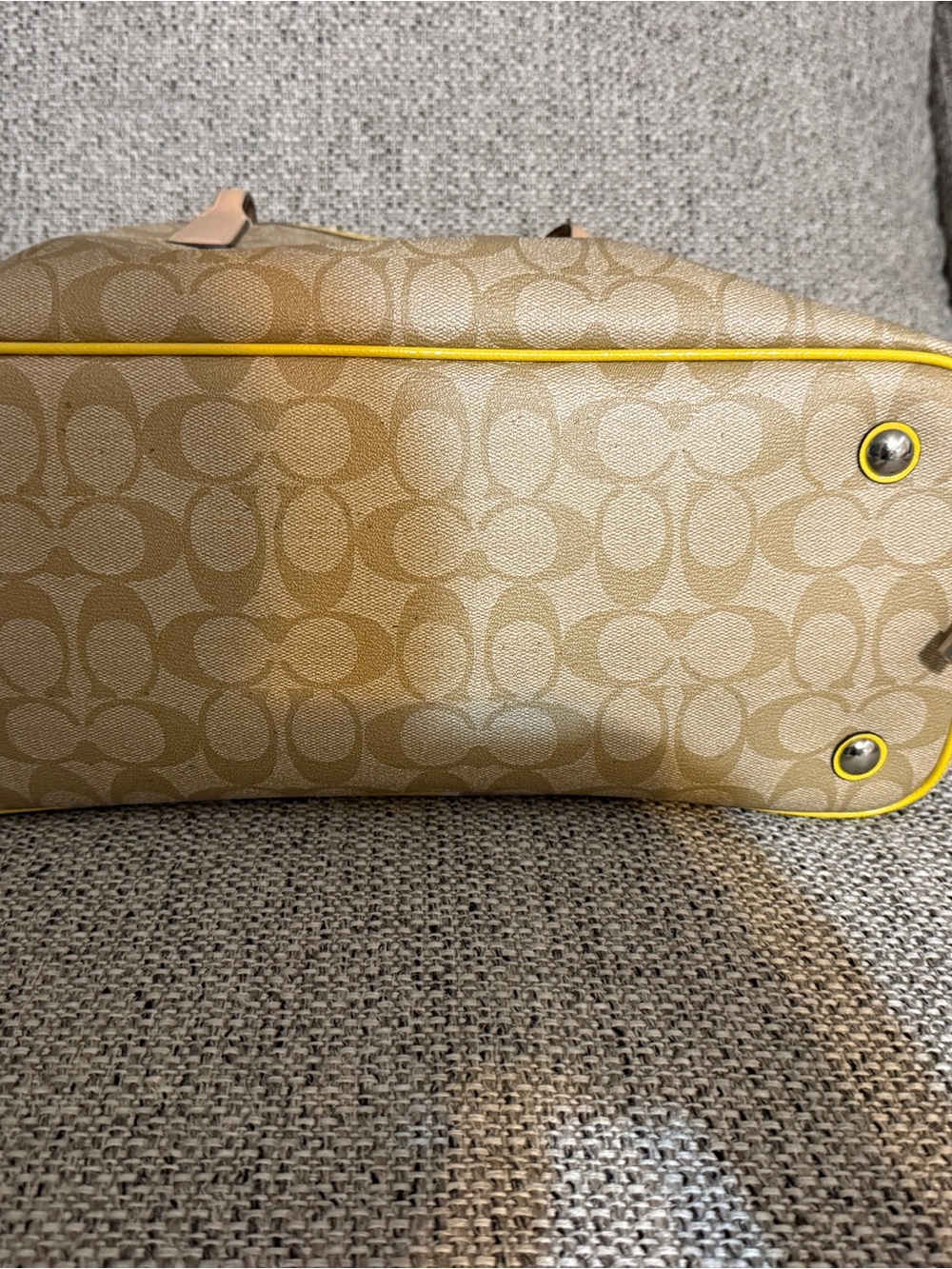 Coach Beige Signature Tote with Yellow Trim and Tan Handles - Picture 6 of 13